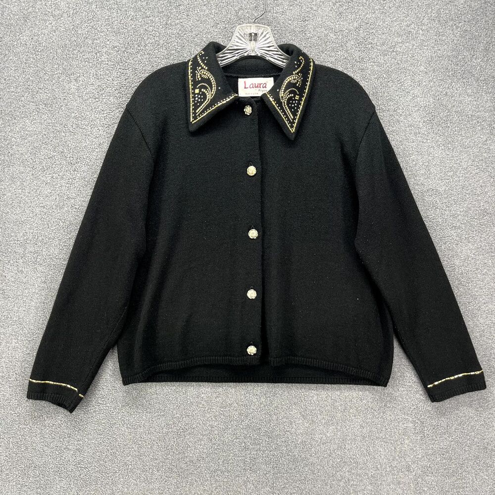 Laura By Alyzia Sweater Women Black Gold‎ silver collared long sleeve knit
